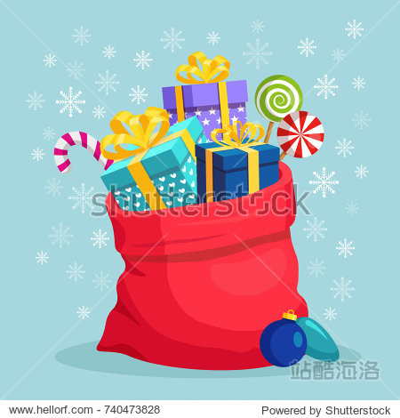 santa claus red bag, sack with gift boxes, ribbon