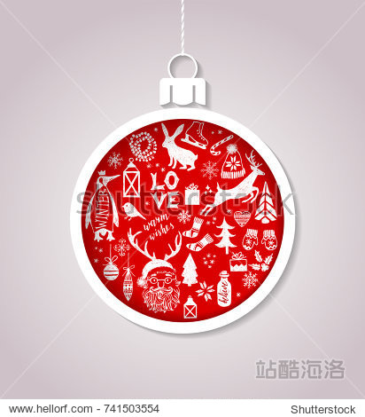 christmas card with ball made of paper and hand drawn holiday
