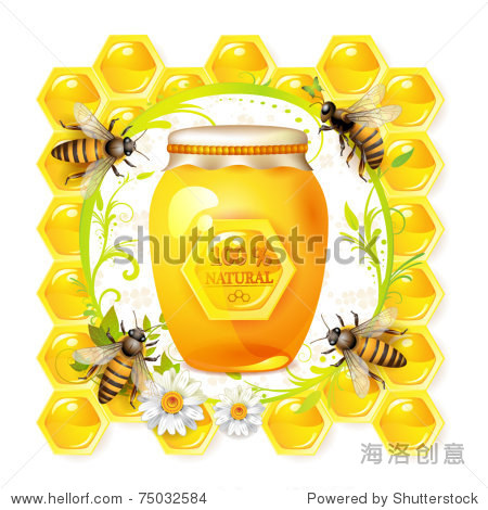 bees with glass jar and honey over floral background isolated on