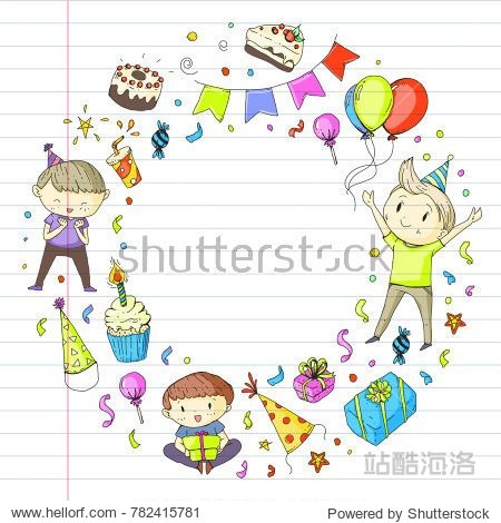 invitation with boys and girls sweets and balloons gifts and