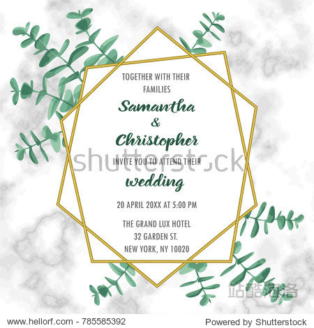 wedding invitation floral card with gold geometric frame and