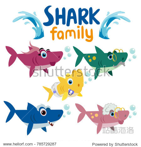 family shark. cartoon fish with bubble and waves