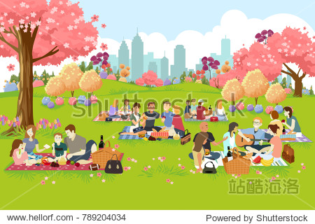 a vector illustration of people having picnic at the park during