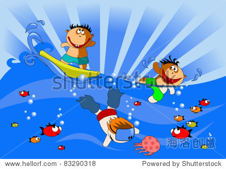 children swim and dive in the sea (vector illustration)
