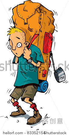 cartoon of a hiker with an extremely heavy backpack.