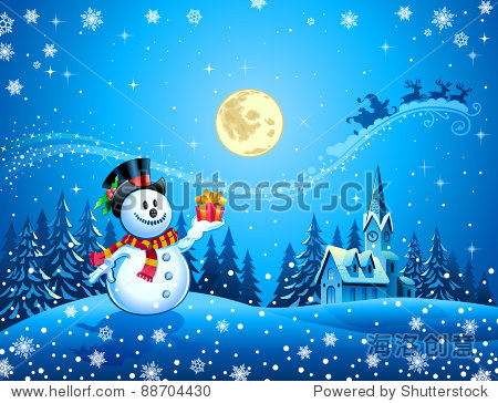 snowman getting gift in christmas night with santa sleigh far in