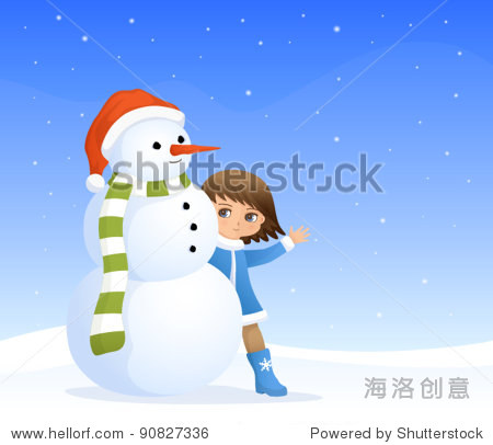 cute small girl and snowman with santa hat colorful scarf
