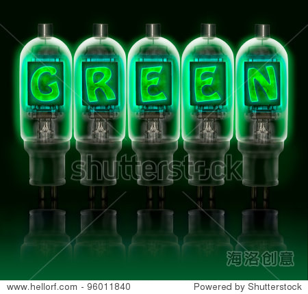 绿色一词由一排颜色真空管与发光的字母在黑