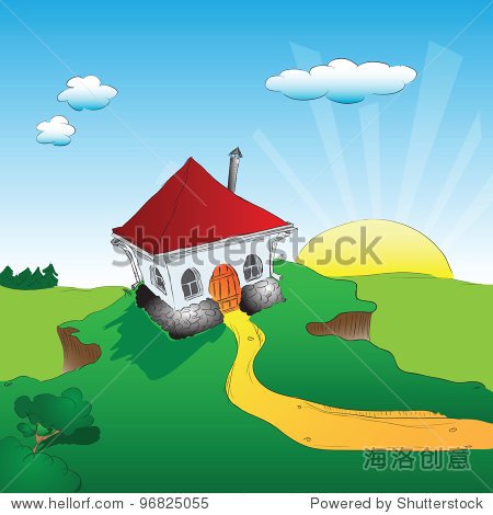 the house on the hillside the sun rise. vector illustration.