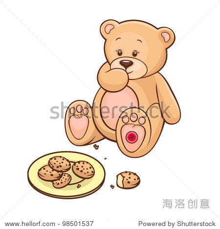 手绘可爱的泰迪熊吃饼干.