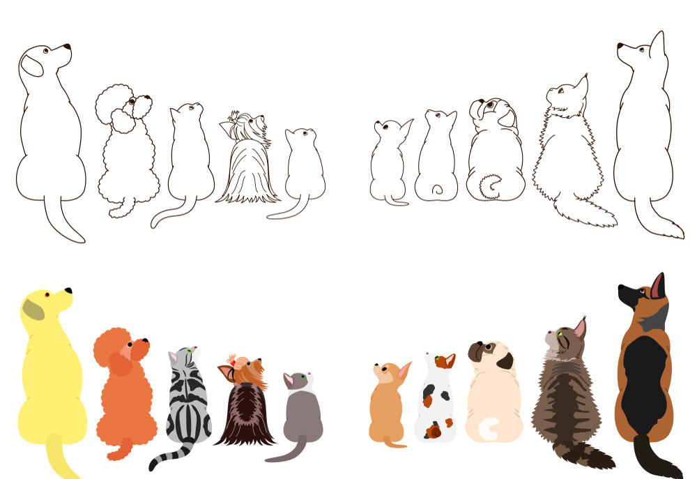 cats and dogs looking up sideways in two rows