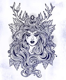 demonic winged angel magic woman with deer antlerss and long