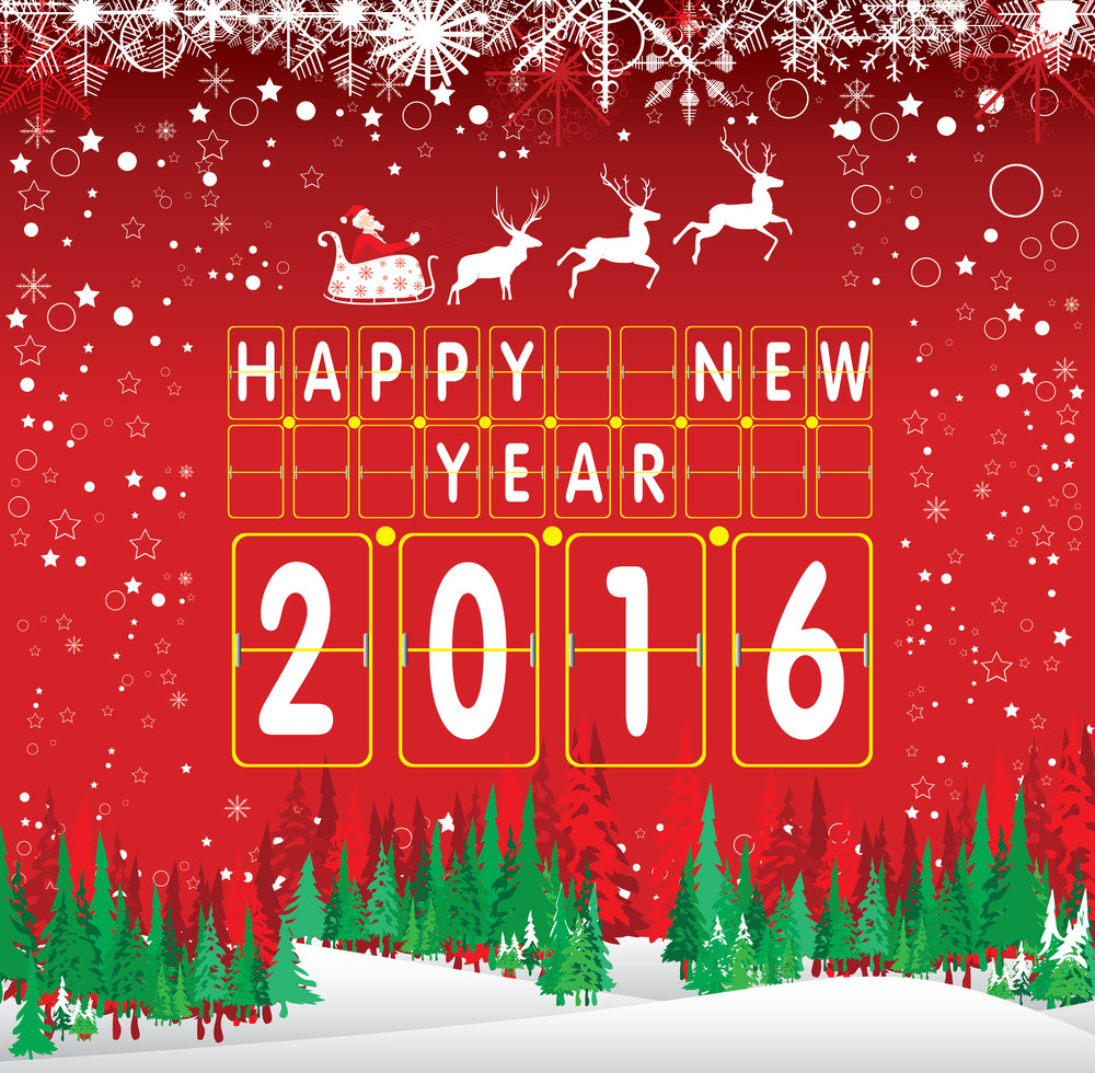 santa claus and reindeer. the white snow on red background.