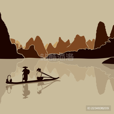 桂林山水 渔舟 倒影 水墨风景矢量剪影