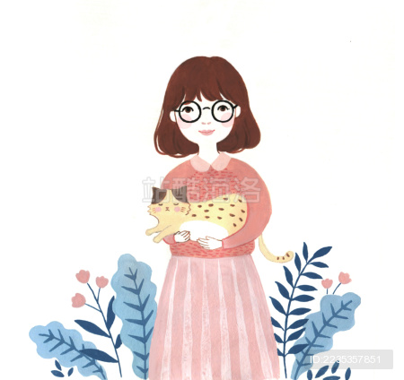 抱着猫咪站在丛林中的女孩手绘插画