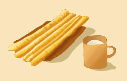 黄色背景中的中国传统早餐豆浆油条插画