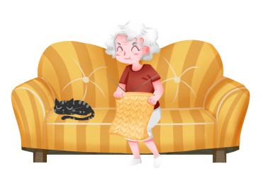 小清新风格独居老人在沙发上织毛衣插画元素