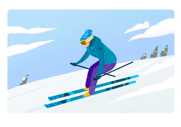 一个女性双板滑雪者 穿着鲜艳的滑雪服在雪地快速滑行 滑雪主题手绘