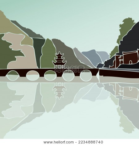 桂林山水 亭台楼阁风景 矢量剪影
