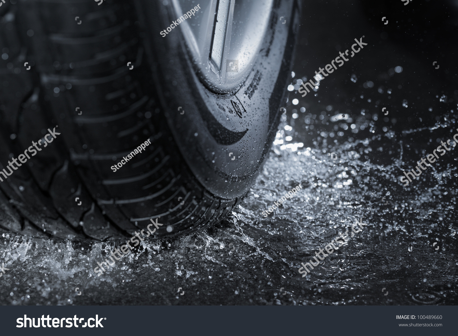 Car tire splashing in water.