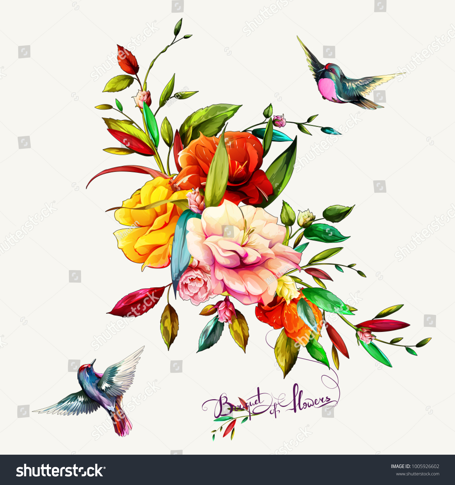 Bouquet of flowers with gladiolus  peony flowers  leaves and two petroika birds around. This template can be used as other type of invitations and holidays. Vector - stock.