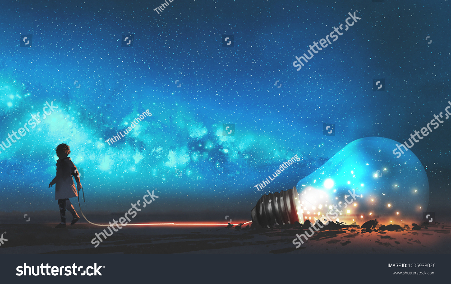 男孩将大灯泡半埋在地面上的夜空中 带有星星和太空灰尘 数字艺术风格 插图画画