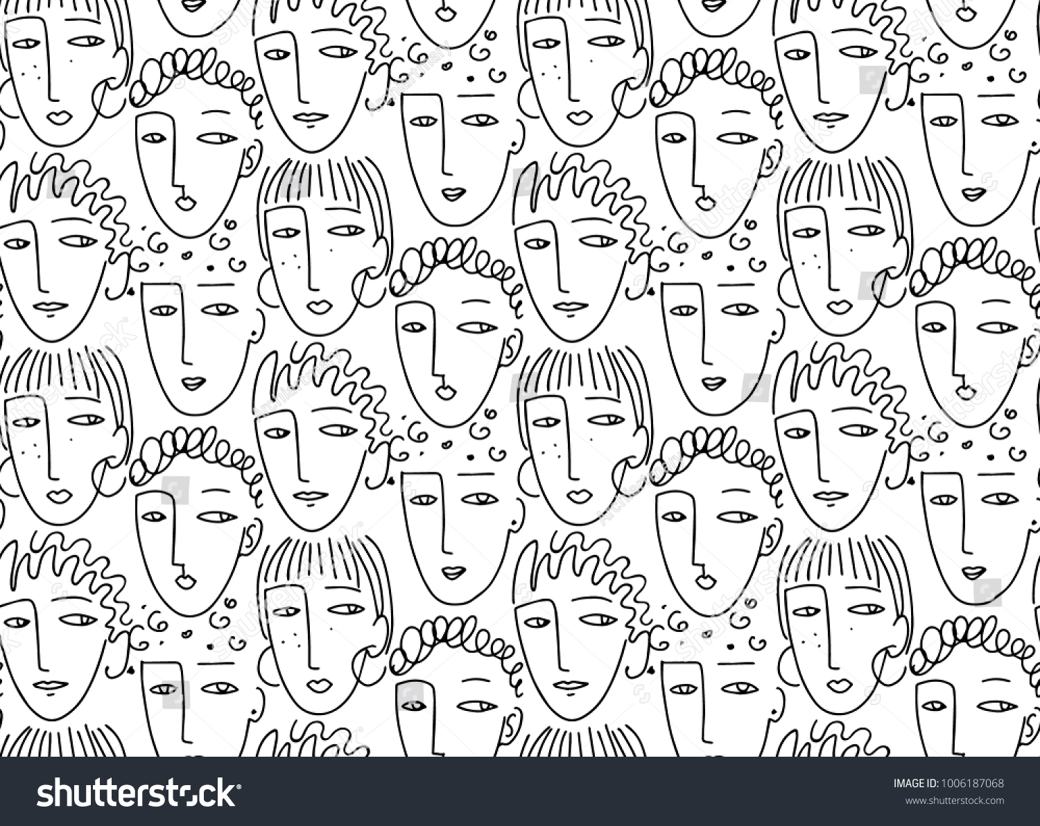  Faces of people  seamless pattern. Model Women  Fashion girl background. Hand drawn vector illustration. 