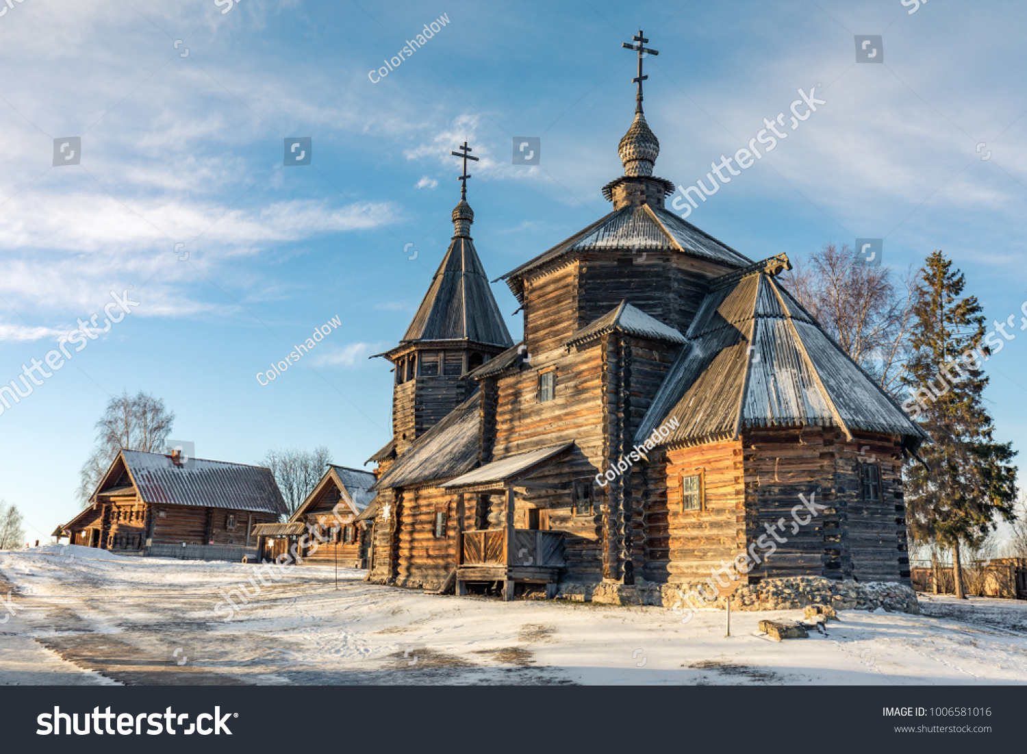 Traditional Russian wooden church of the Resurrection from village of Patakino. The monument of Russian wooden architecture of the late XVIII century. Golden Ring Of Russia. Suzdal. Russia.