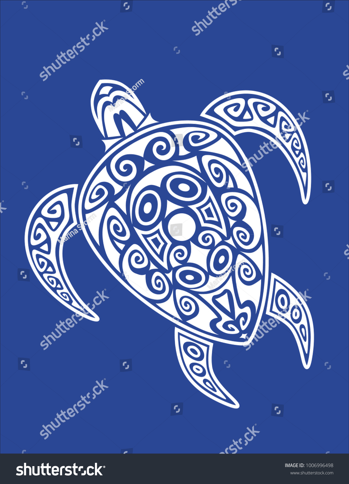 Sea turtle in the Maori style. Blue background 