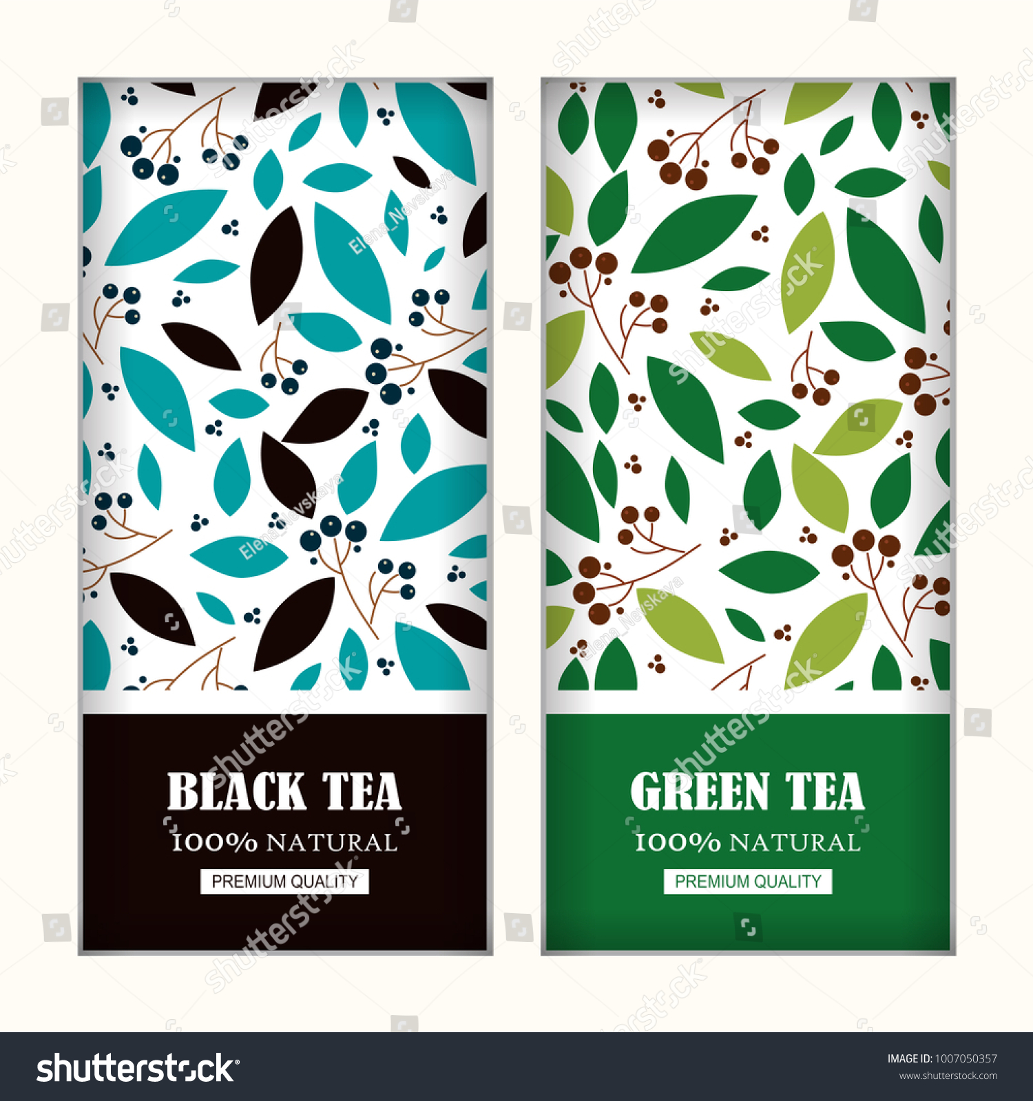 Set of vector arts for tea packages  labels or stickers. Background for black and green tea. Herbal  branches and leaves illustration  simple flat style. Blue  green  black colors