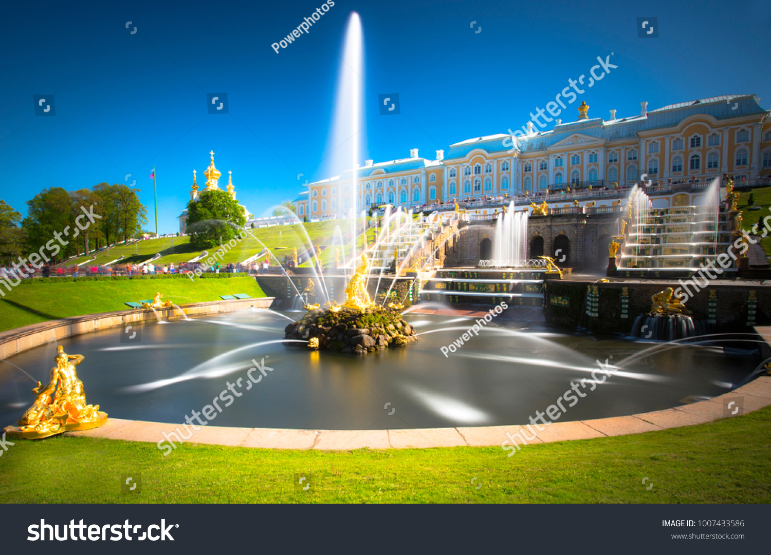 PETERHOF RUSSIA Grand cascade in Pertergof St-Petersburg. the largest fountain ensembles in the world comprising more than 60 water fountains. Wide angle lens and long exposition.