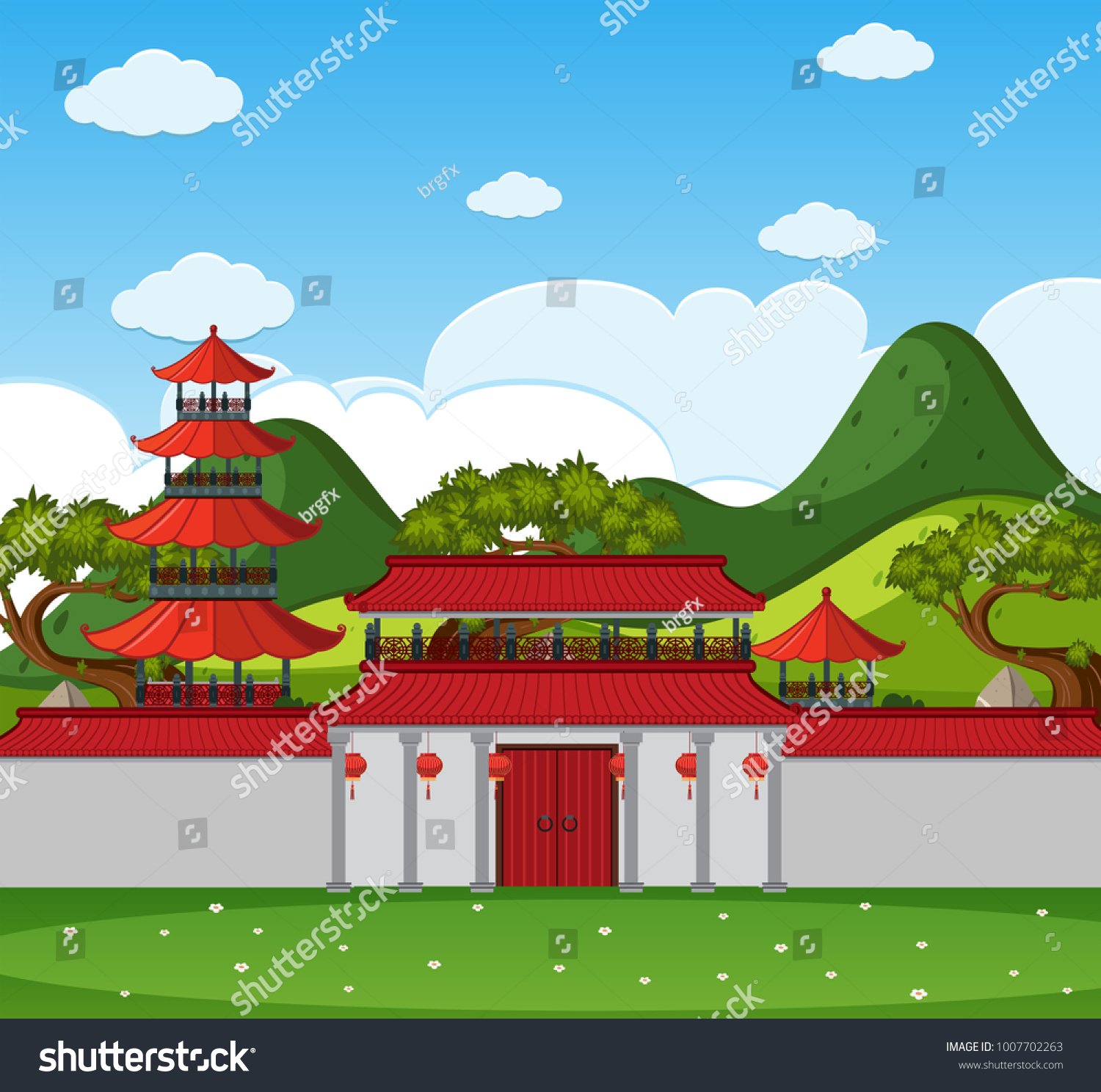 Background scene with chinese buildings and wall illustration