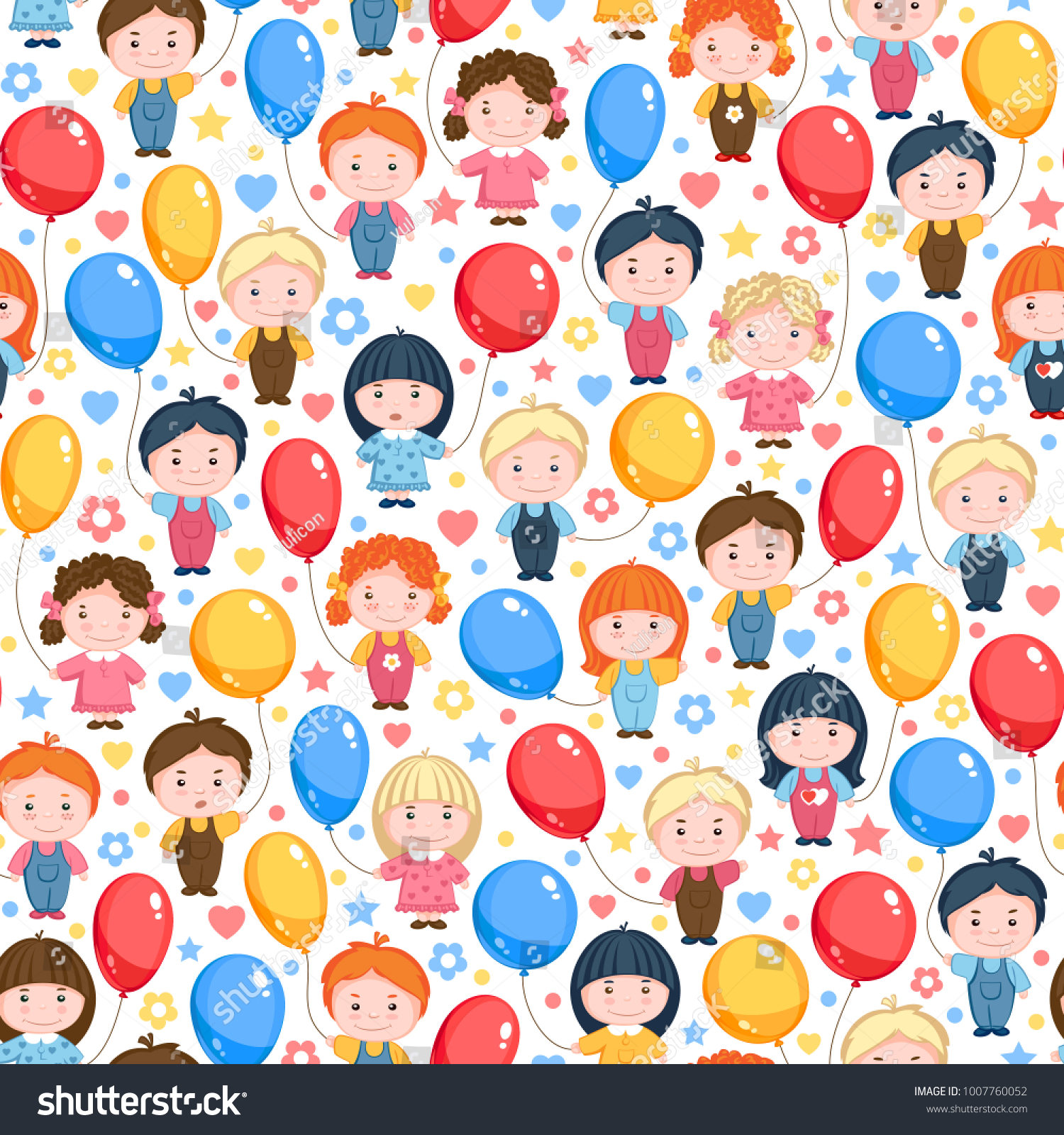 Children with balloons  red  yellow and blue. Seamless vector pattern on white background.