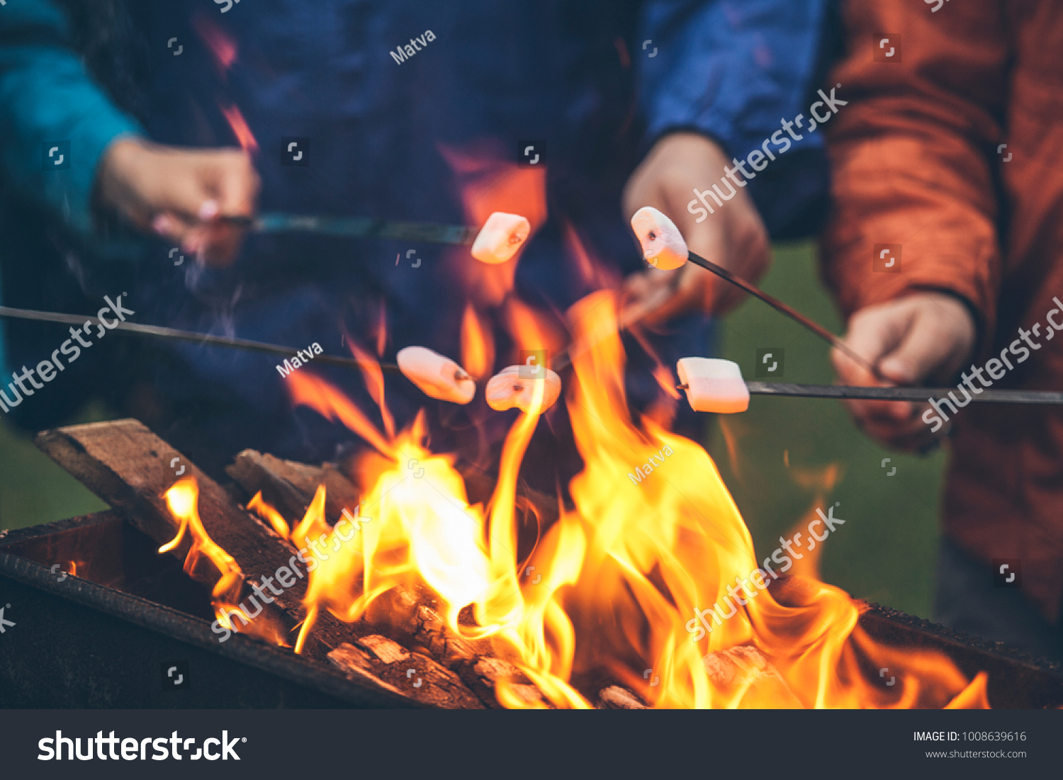 Hands of friends roasting marshmallows over the fire in a grill closeup
