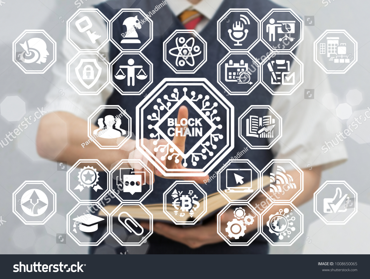Blockchain Microchips Information Learning Technology. Young man using virtual touchscreen presses semiconductor blockchain button. Block Chain Educational concept.