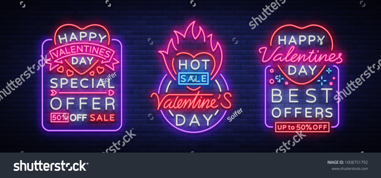 Valentine's day vector sales  set of design patterns for posters in neon style. Collection of Neon signs  neon banner  bright night advertising  brochure  flyer  postcard. Vector illustration