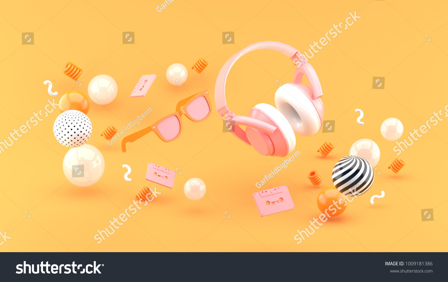 Headphones and glasses float between the balls on the orange background 3d render
