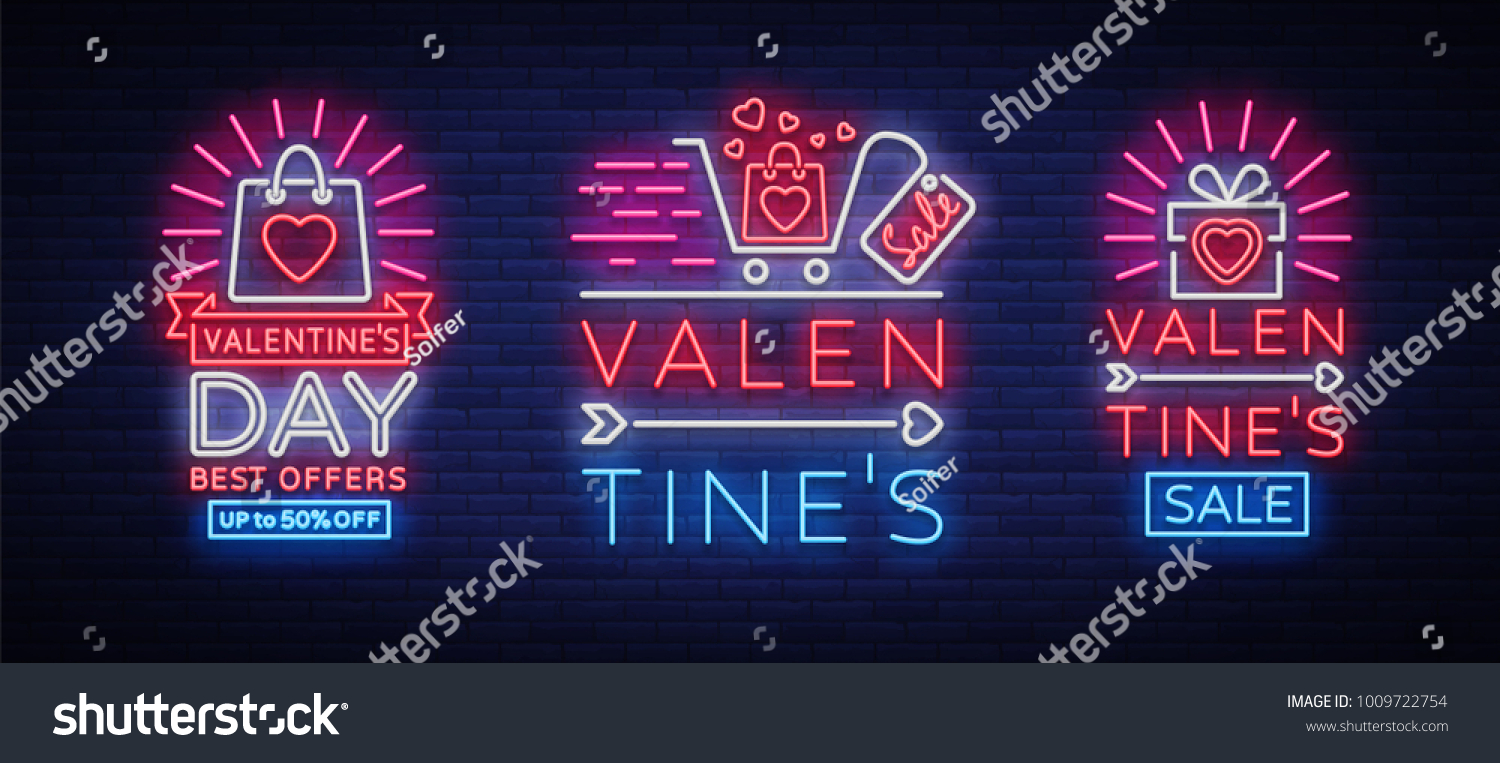 Valentines Day is a proposal  a collection of neon-style banner templates. Set neon signs  posters for shop design  colorful banner  neon advertising  flyers  leaflets  brochures. Vector