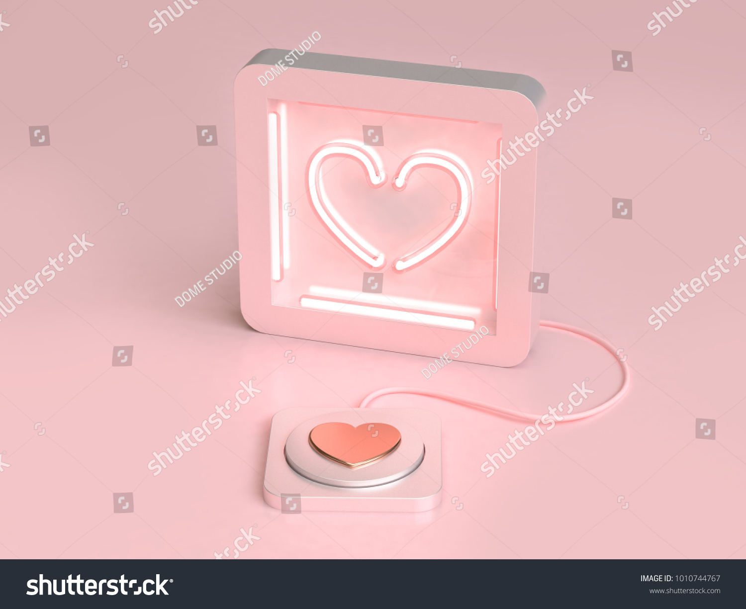 abstract heart neon light and button love valentine concept 3d rendering