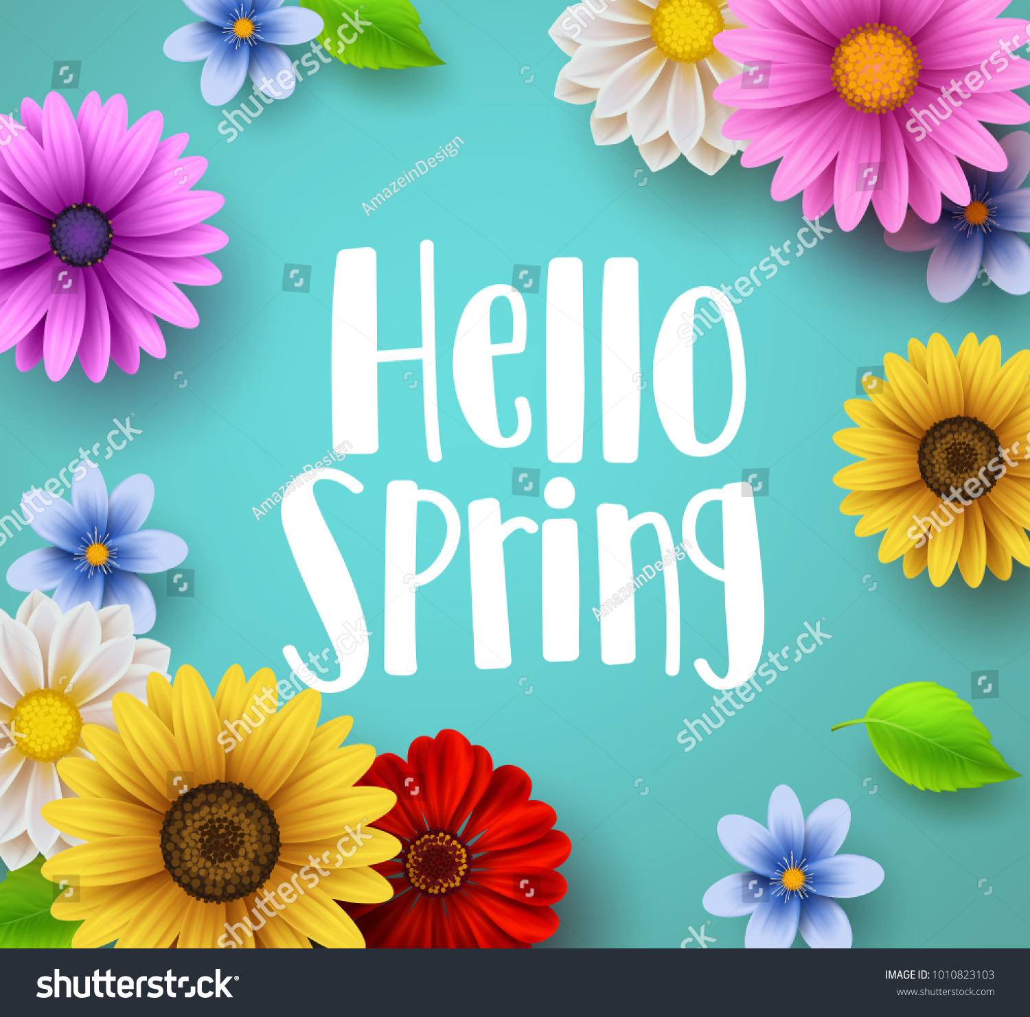 Hello spring text vector banner greetings design with colorful flower elements like daisy and sunflower in green floral background for spring season. Vector illustration.