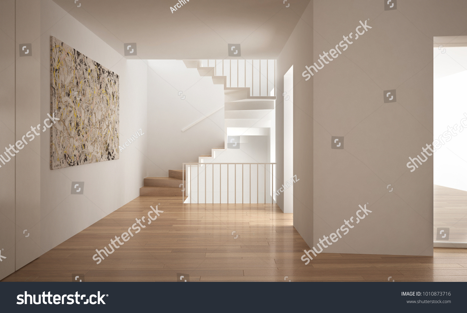 Minimalistic stair in modern empty space white architecture interior design 3d illustration