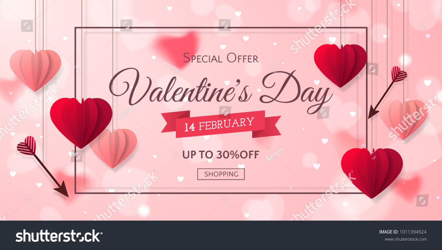 情人节的矢量浪漫销售模板水平横幅 红色和粉红色逼真的纸心 箭头 丝带和框架。假日模糊背景折扣和特别优惠。