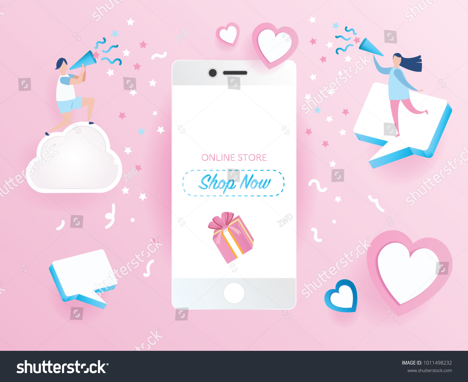 Sale promotion on mobile phone design for banner sale with lovely joyful couple celebration in pink background. pink heart and love.Vector illustration..paper art style.