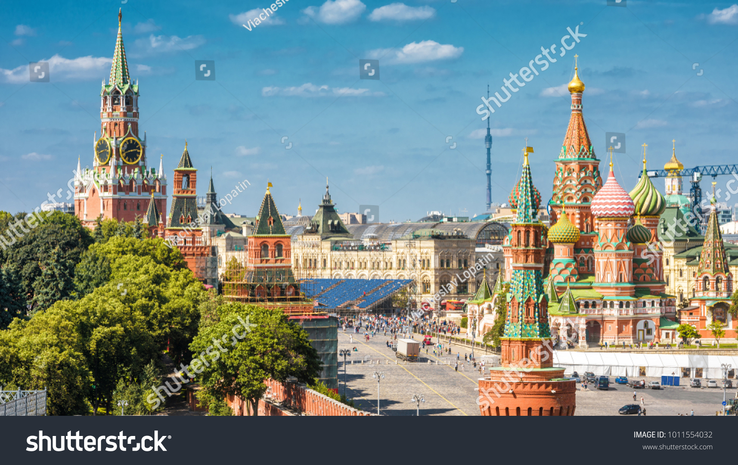 Panoramic view of Moscow Kremlin and St Basil's Cathedral on the Red Square in Moscow Russia. The Red Square is the main tourist attraction of Moscow. Beautiful sunny cityscape of central Moscow.