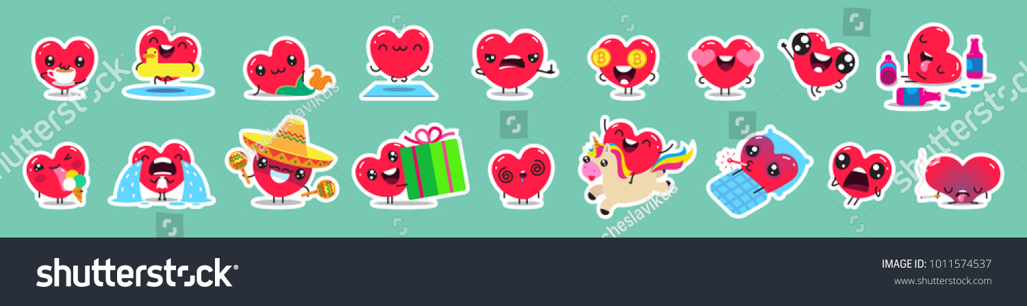 Set of patch badges and stickers with cute hearts characters. Vector design.