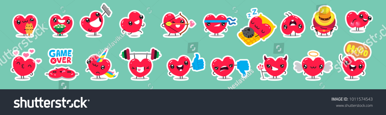 Set of patch badges and stickers with cute hearts characters. Vector design.