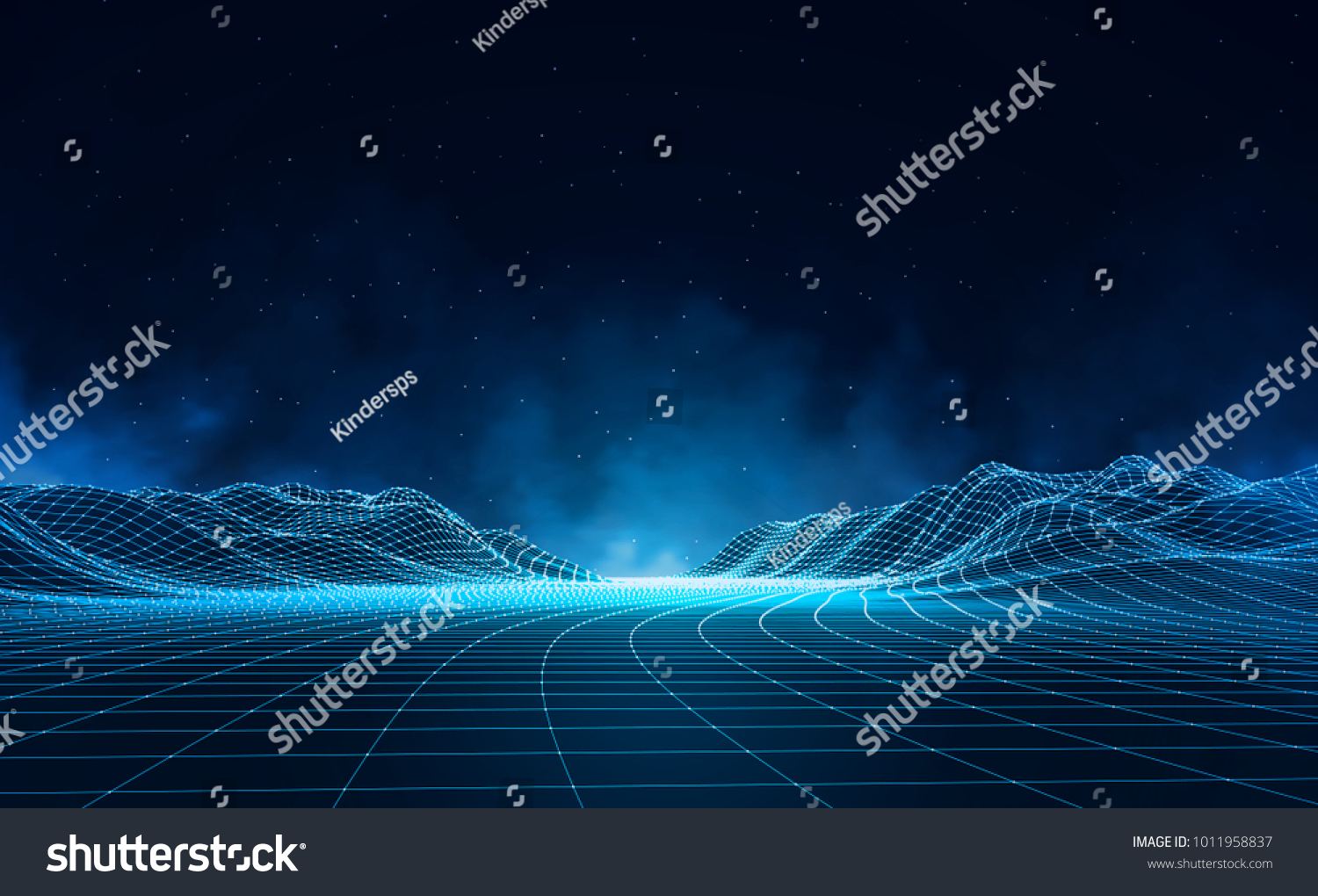 抽象的数字景观 带有颗粒点和恒星在地平线上。线框景观背景。大数据。 3D未来派矢量图。 80年代复古科幻背景