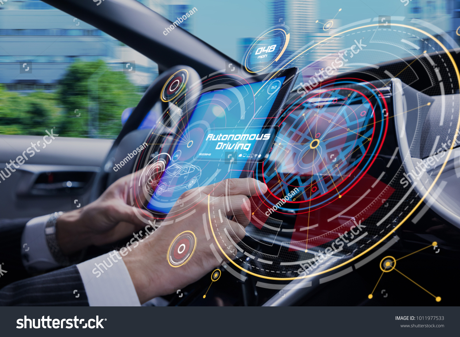 Cockpit of the autonomous car concept. Driverless car. Self-driving vehicle. UGV.