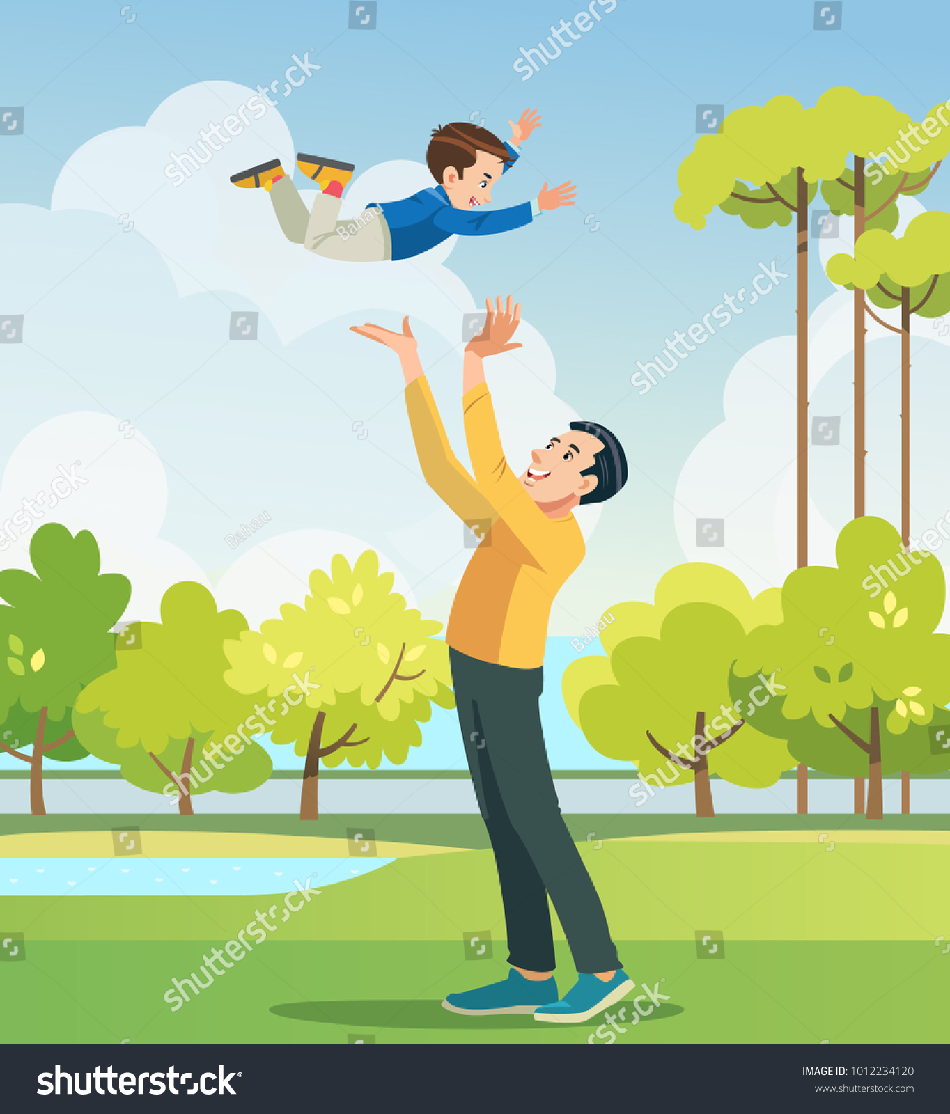 Father and son playing in the park. People having fun on the field. Concept of friendly family and of summer vacation. Vector illustration