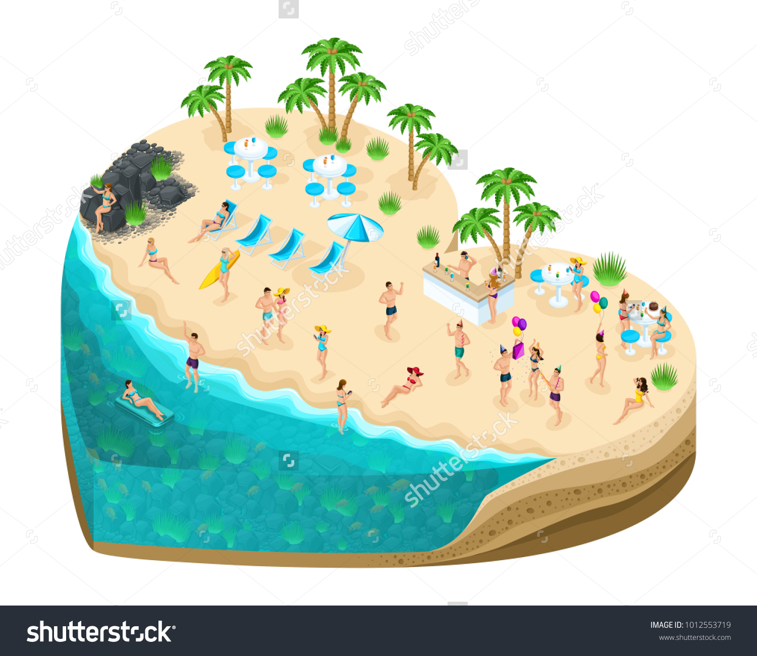 Isometry island in the form of a heart  a gift for all lovers' day. Holiday 3D people have fun on the fabulous island of love